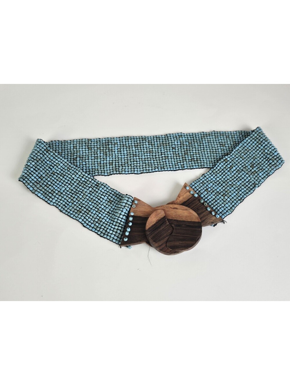 Southwest Turquoise Wide Beaded Stretch Belt Wood Interlocking Buckle Women's